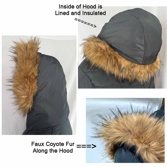 COLE HAAN Women Medium Gray Chevron Quilt Faux Fur Hood Taffeta Down Puffer Coat - Picture 5 of 11